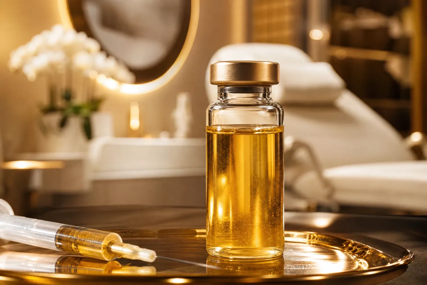 Goldfarbene Ampulle und Spritze als Stillleben